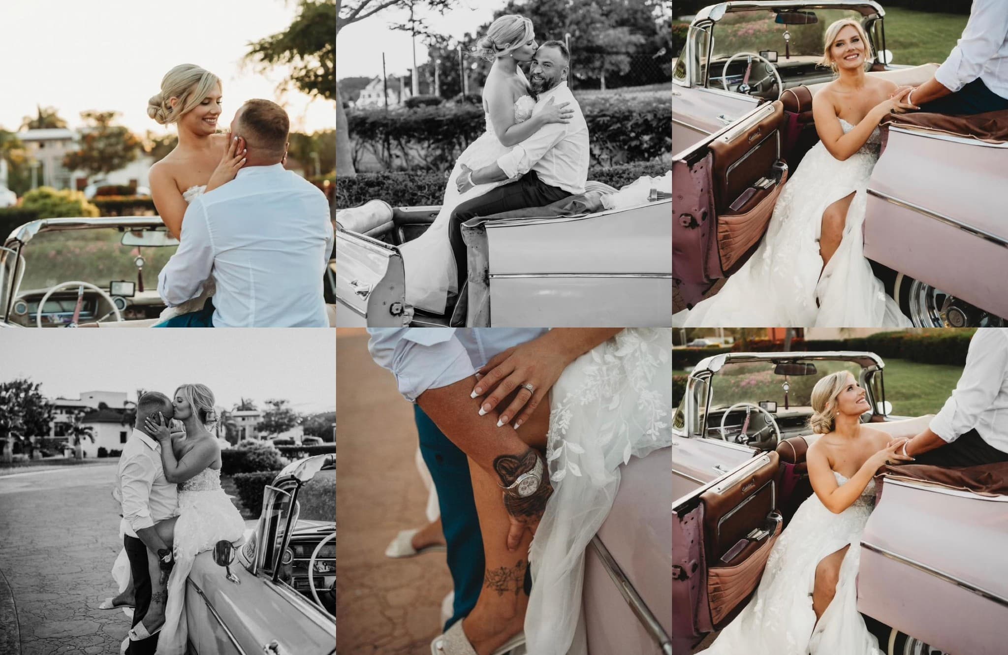 Destination wedding collage with bride, groom, and vintage pink Cadillac